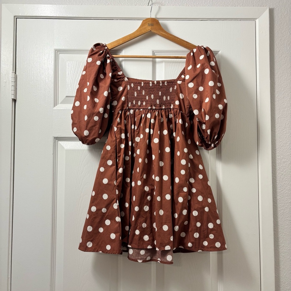 Abercrombie & Fitch Rust Polka Dot Smocked Dress - Picture 7 of 8